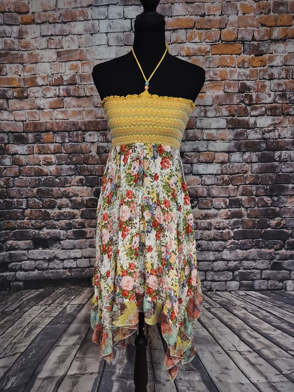 American Rag Yellow Smocked Strapless Floral Handkerchief Dress